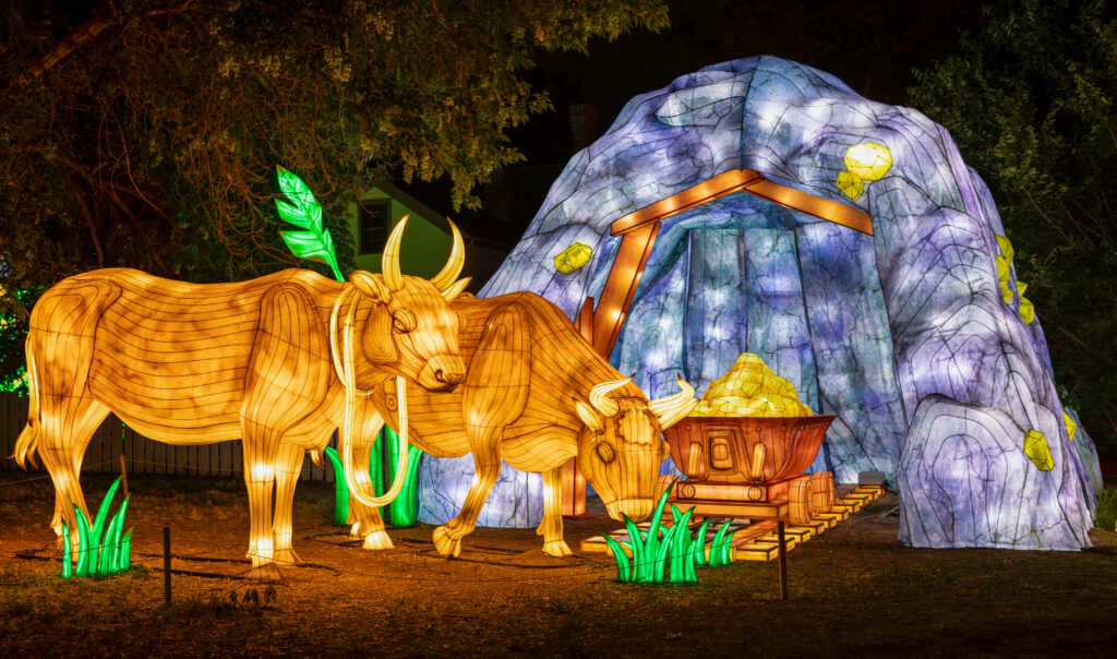 Denver, Colorado - August 15, 2024: Bright Nights at Four Mile, Paper Lantern Sculpture Festival in the Four Mile Historic Park in Denver, Colorado