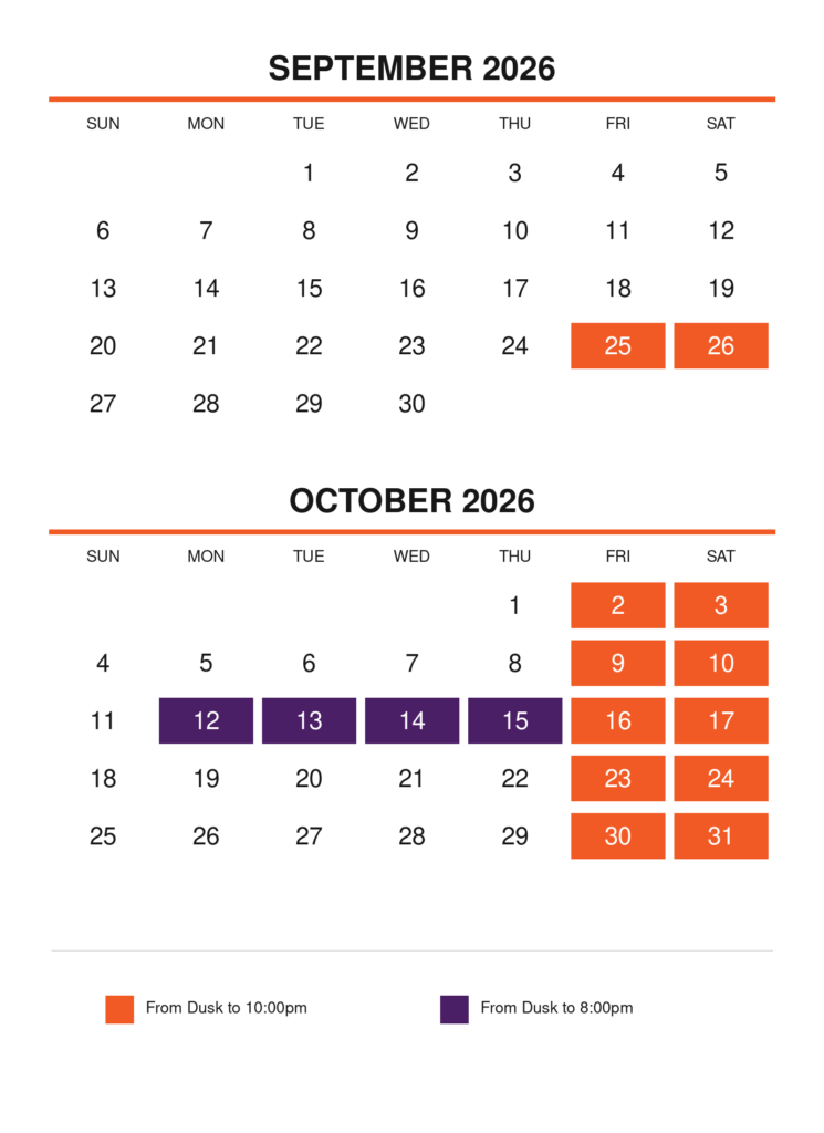 Haunted Copperhead Mountain Coaster - From Dusk until 10:00pm in September and October. October 12-15 from Dusk until 8:00pm